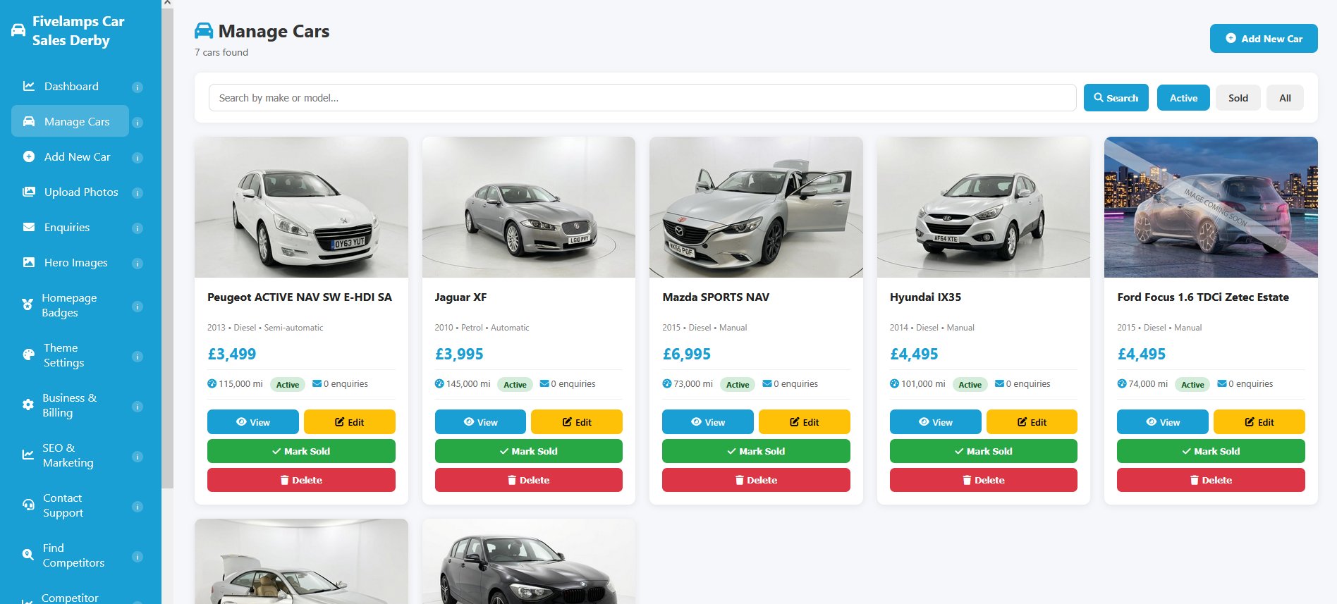 CarDealerCMS admin panel — manage cars page showing stock with photos, prices and actions